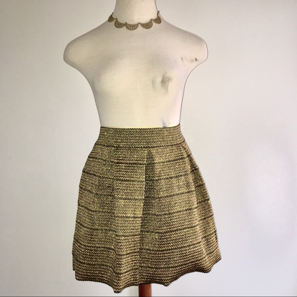 Woven Textured A-Line Skirt in Gold and Black